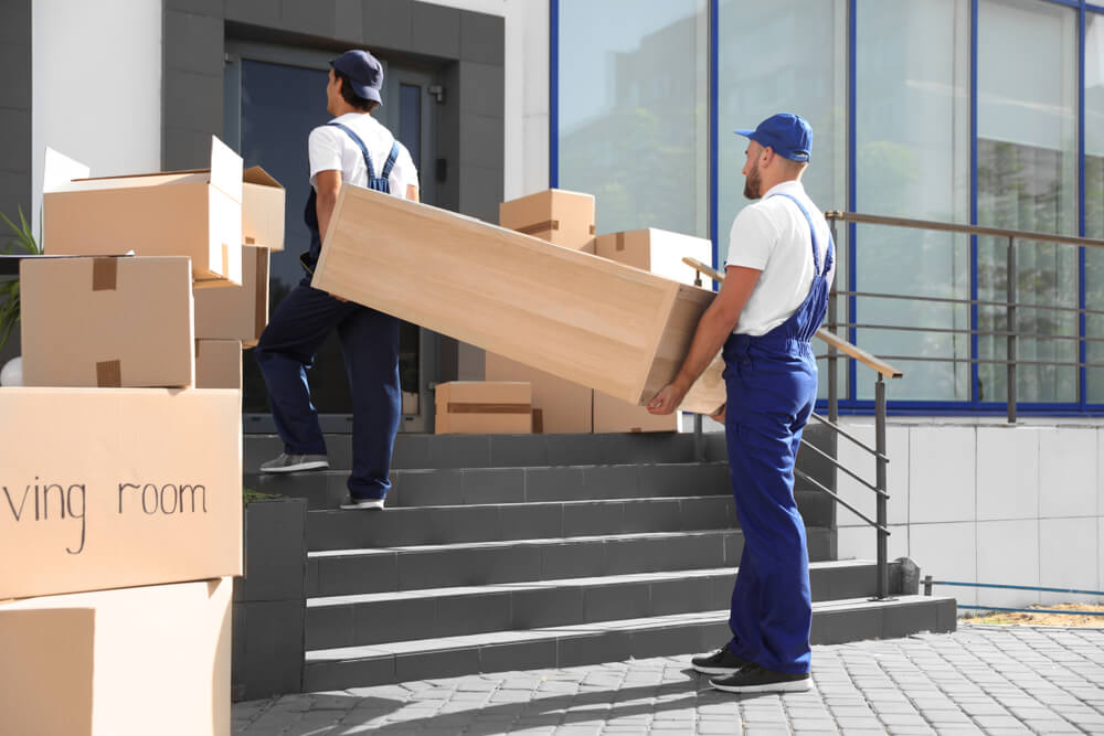 Movers Organizing Boxes In A Living Room